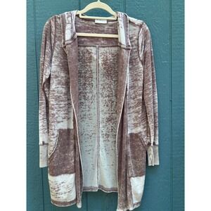 Allen Allen Open Front Hooded Cardigan Small S Brown White Distressed